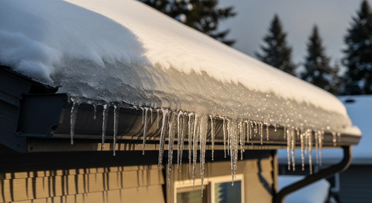 Ice dam forming on residential roof edge with icicles in winter