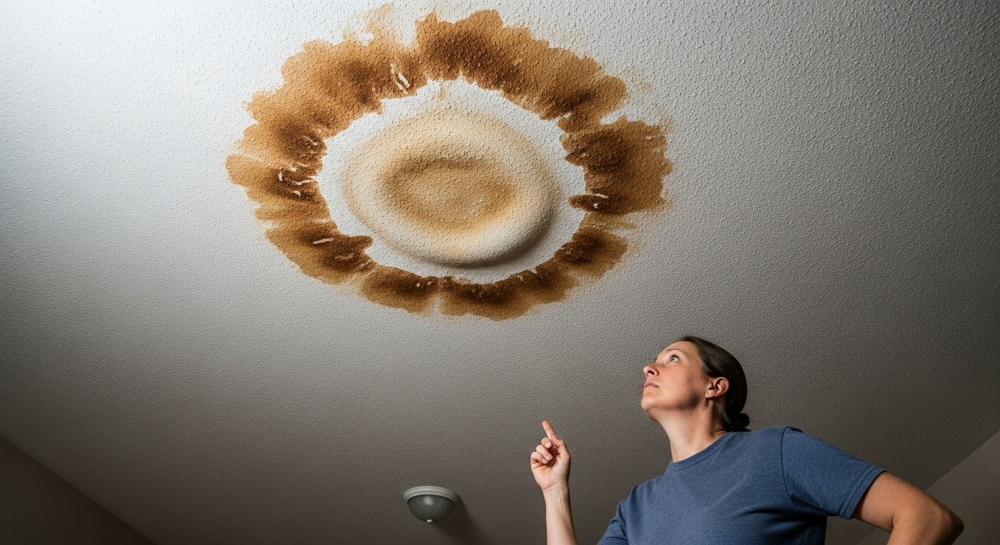 Water stain on ceiling from roof leak showing water damage