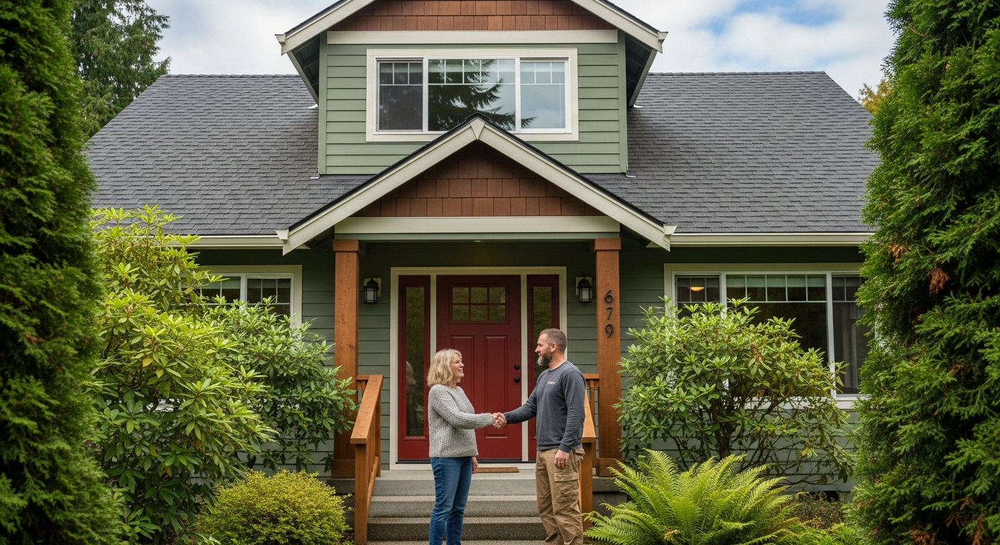 Homeowner and contractor shaking hands after completed roof project