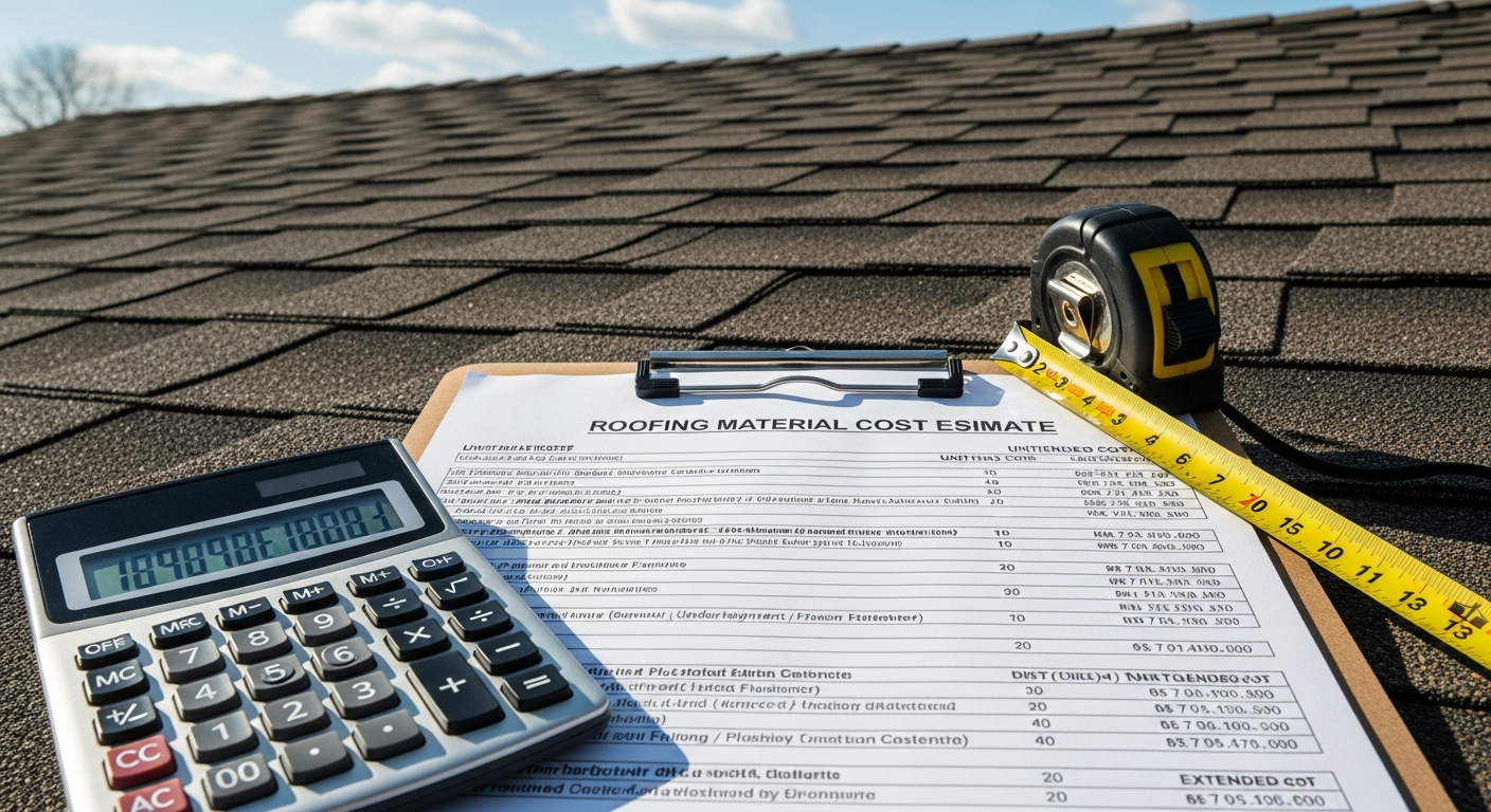 Roofing cost estimate document with calculator and measuring tools