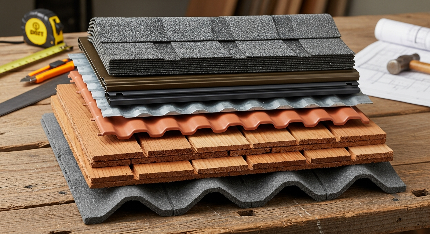 Different roofing material samples including shingles, metal, and cedar