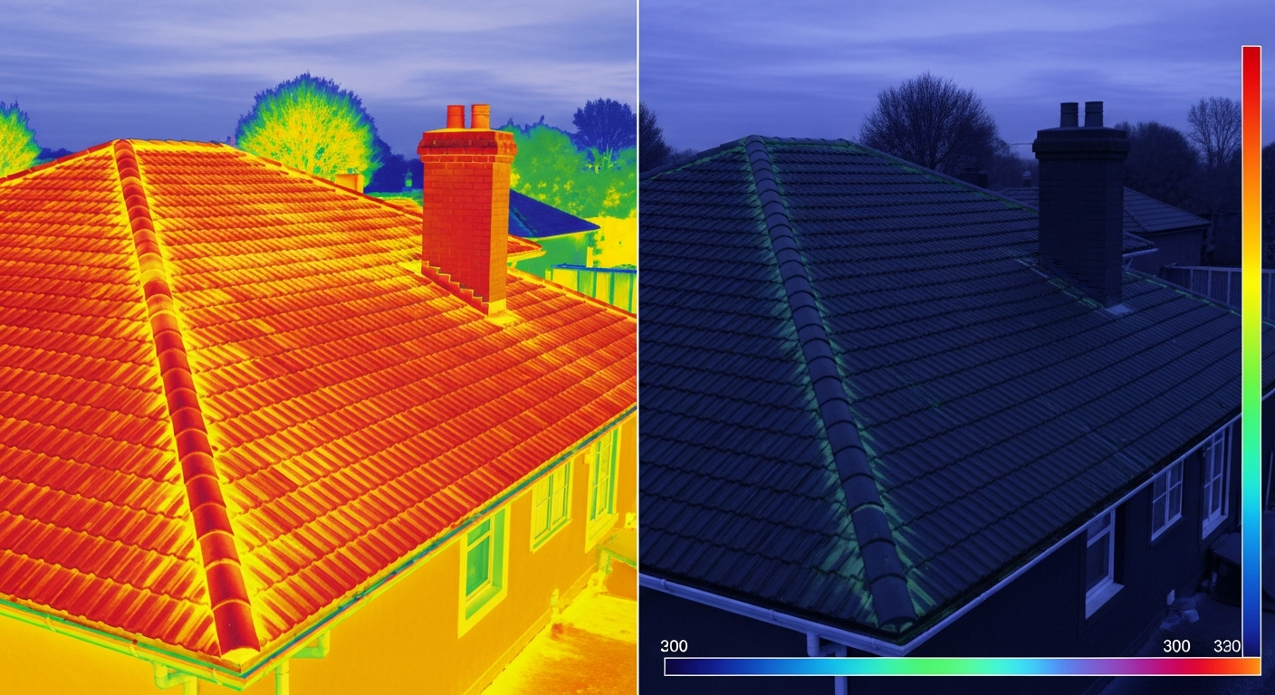 Thermal imaging showing heat loss comparison between old and new roof