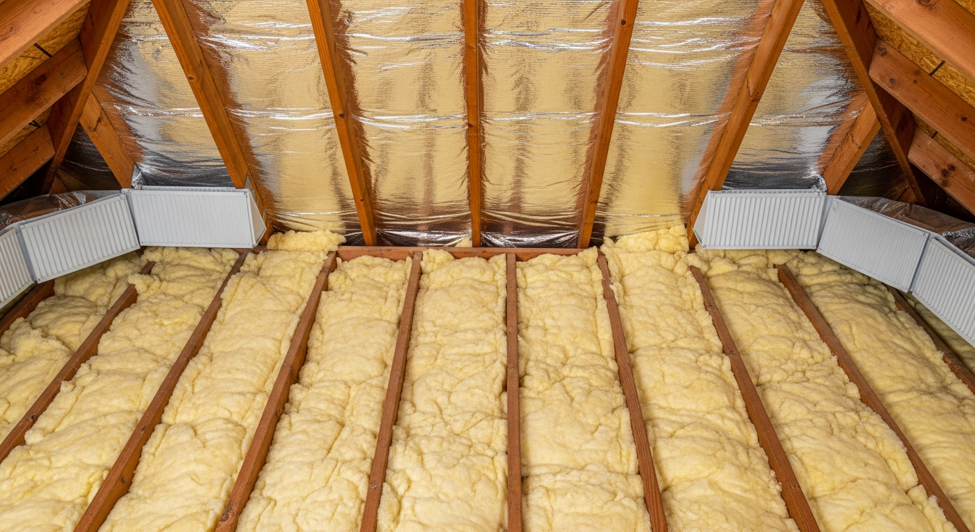 Attic interior with proper insulation between rafters and ventilation