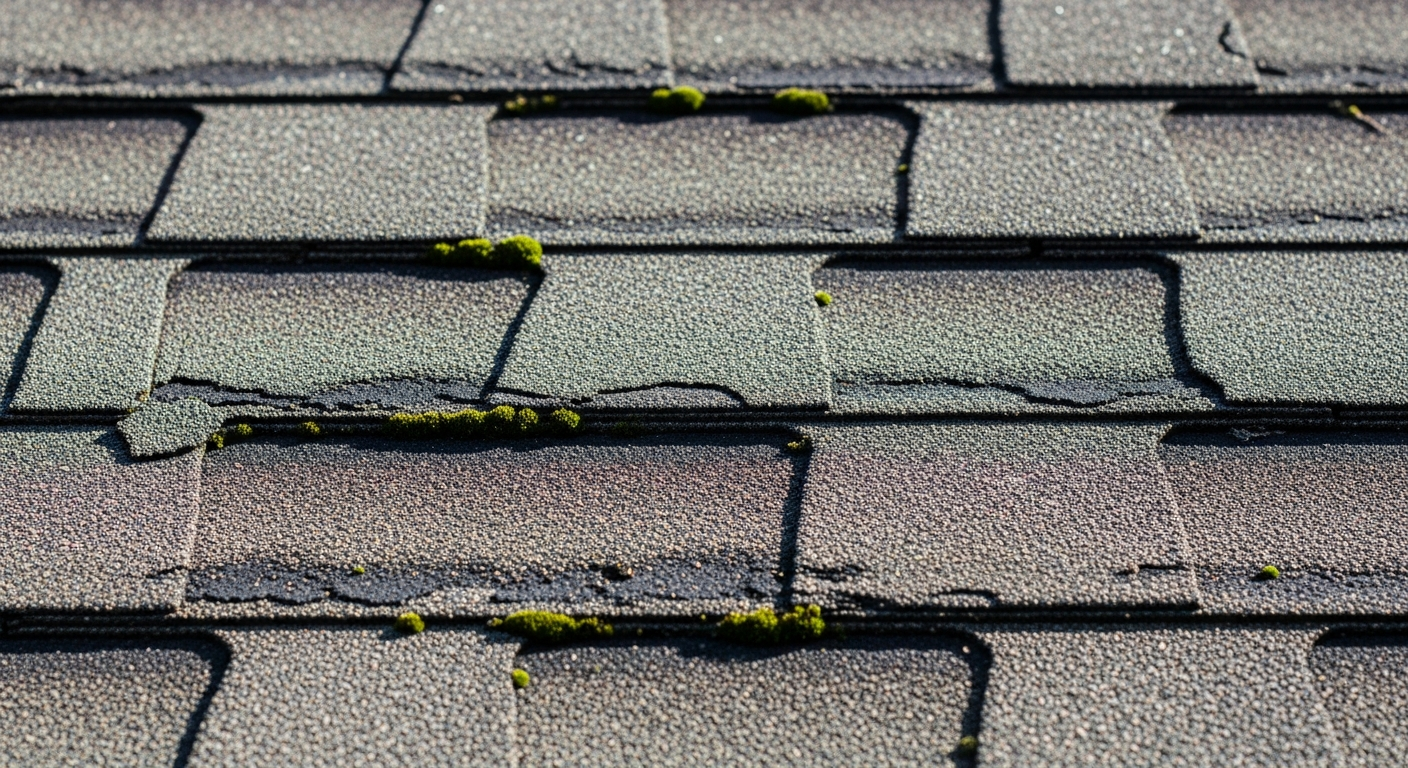 Weathered shingles showing granule loss compared to new shingles