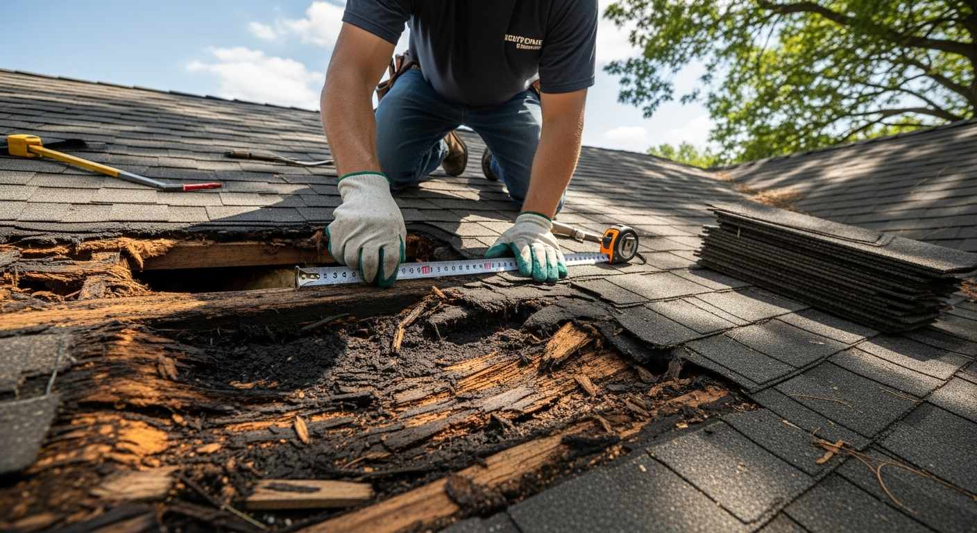 Contractor measuring damaged roof area for repair assessment