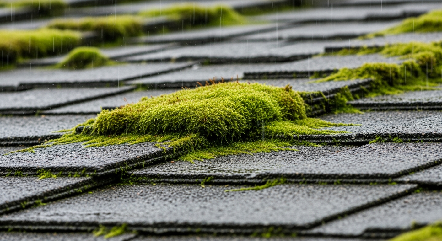 Close-up of moss growth on weathered shingles in Pacific Northwest climate