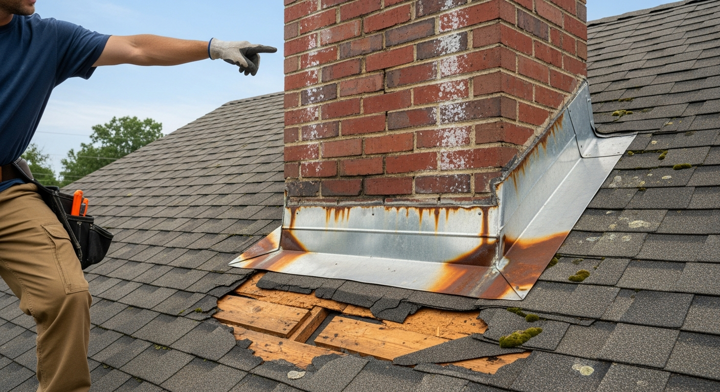 Damaged flashing around chimney showing gaps and corrosion