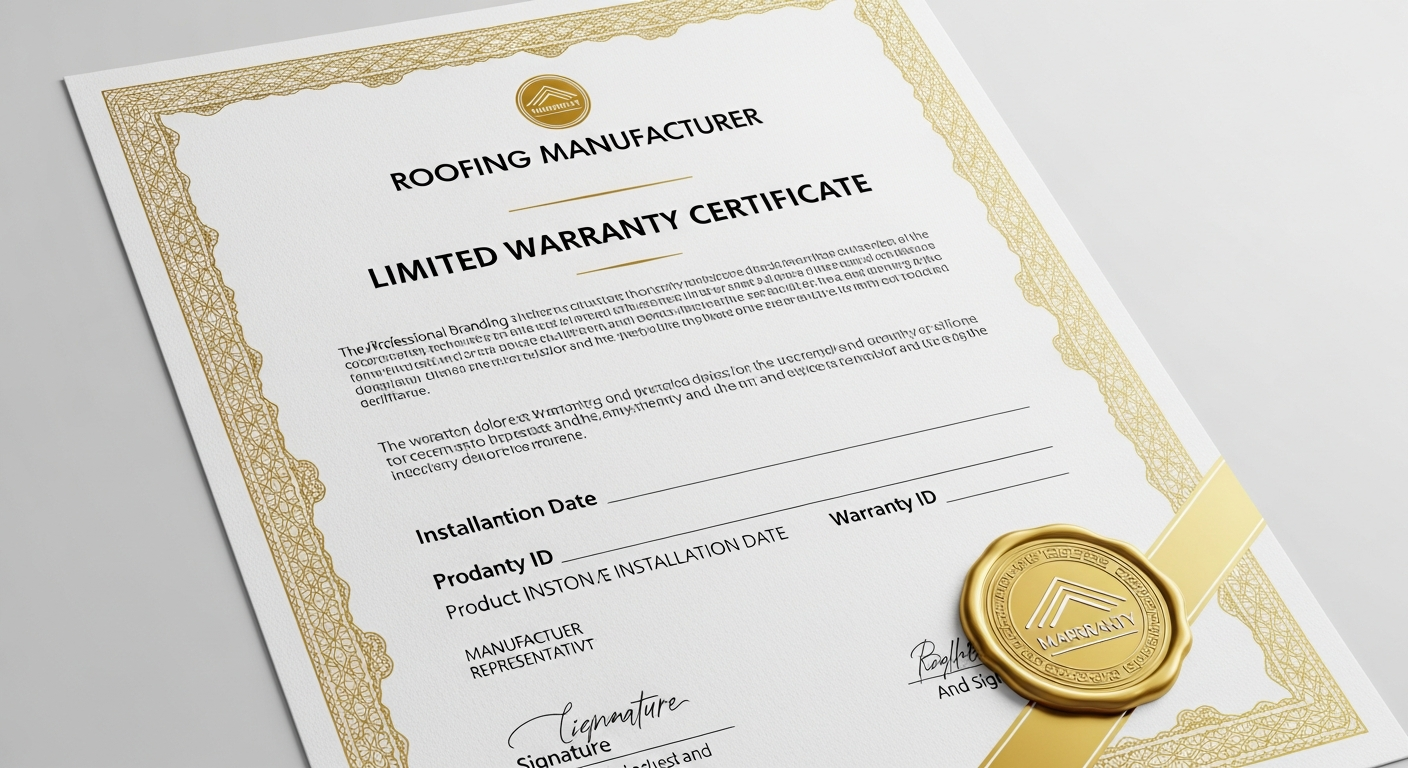 Roofing manufacturer warranty certificate with professional branding