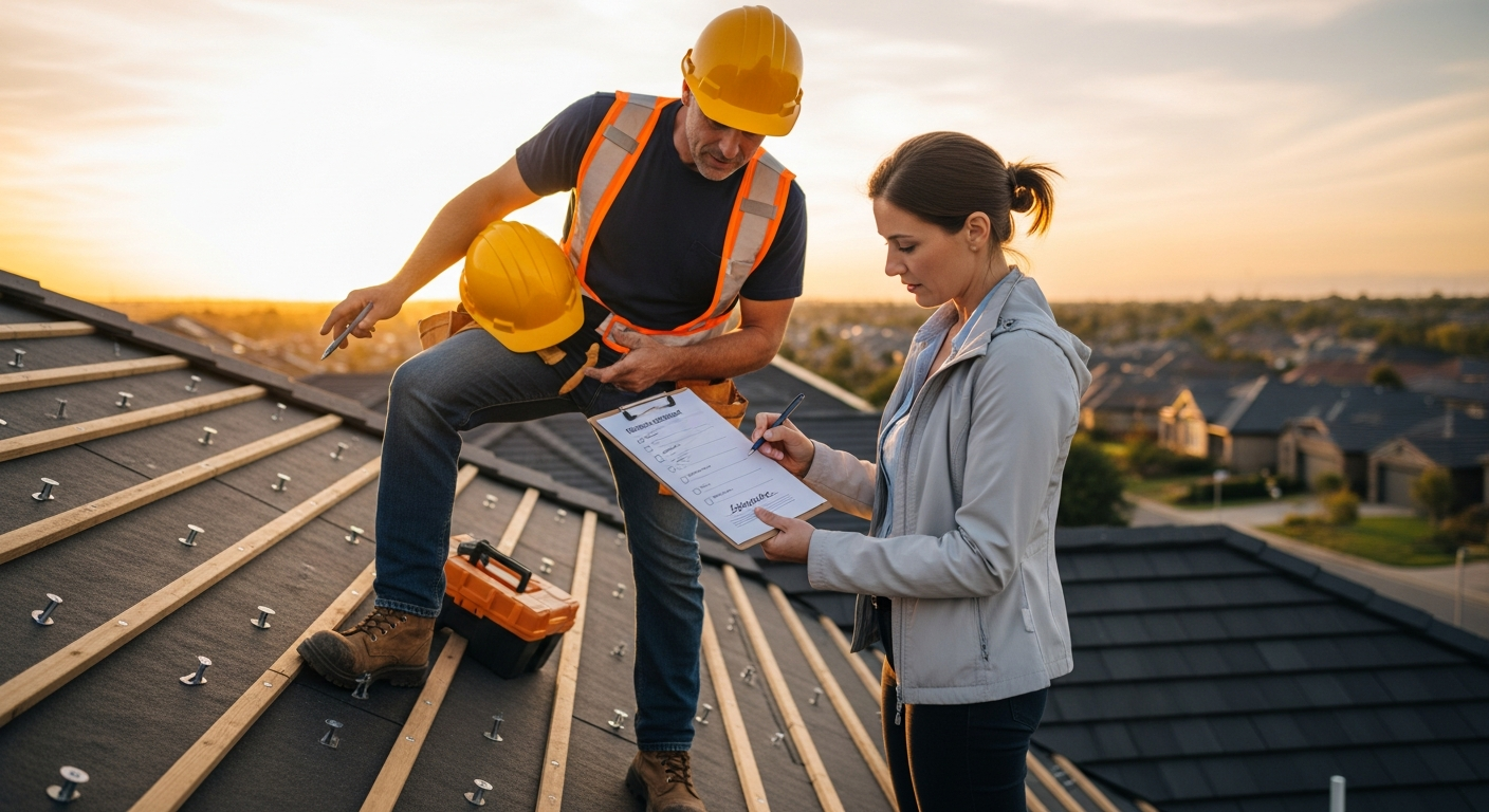 Contractor and homeowner signing off on completed roof inspection